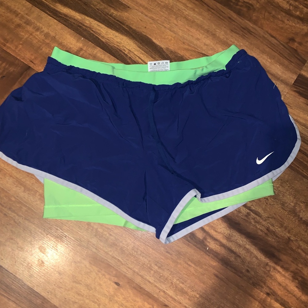 Nike blue and lime green layered athletic shorts